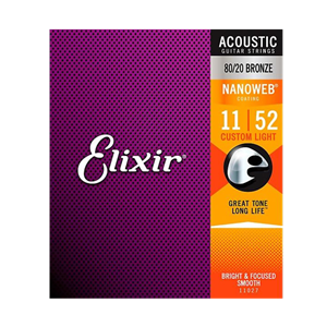 Elixir 80/20 Bronze Custom Light Acoustic Guitar Strings w/Nanoweb Coating 11-52